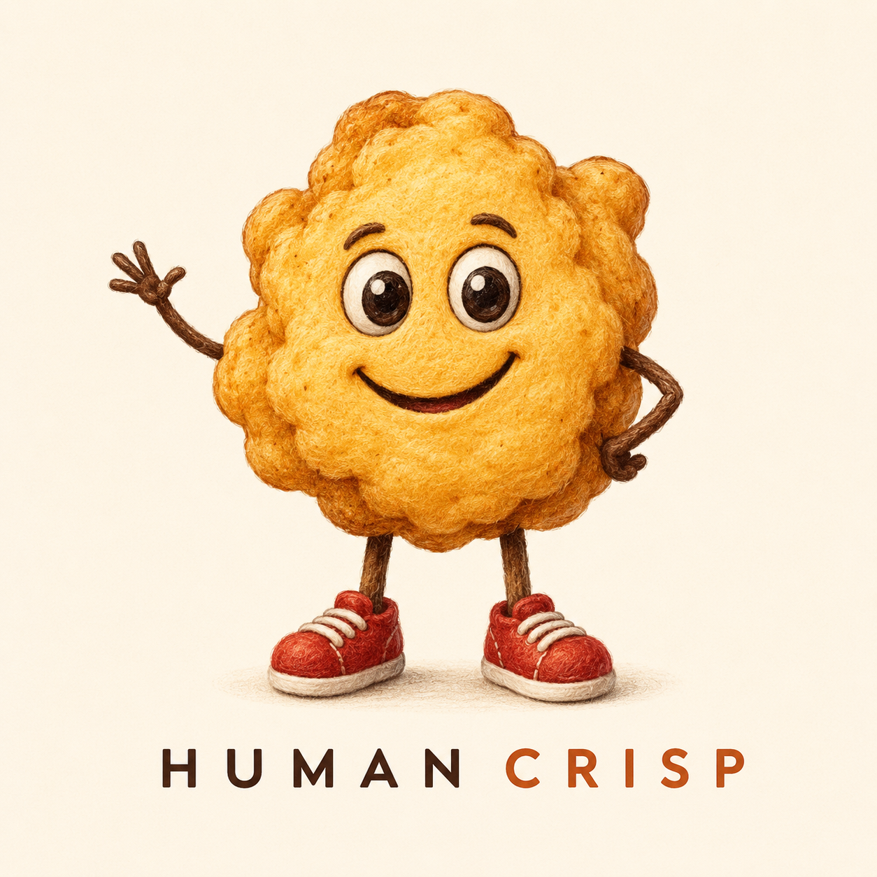 Human Crisp mascot — a friendly golden crisp wearing red sneakers